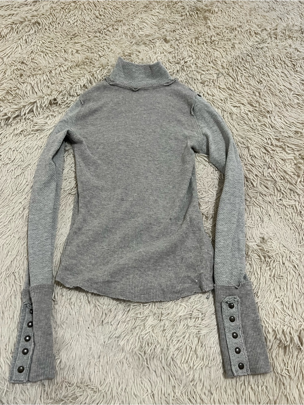 We The Free Gray Ribbed Mock Neck Long Sleeve Top with Button Cuffs